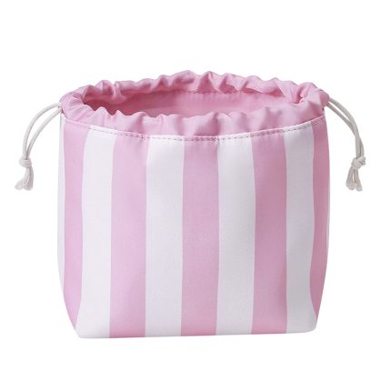 Striped color-blocked drawstring cosmetic bag, large capacity, portable, travel toiletry organizer.